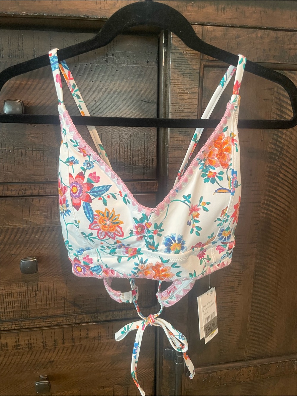 Jessica Simpson White Floral Tie-Back Bikini Top with Pink Trim